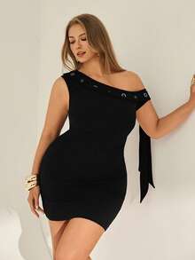 Auralis Đầm ôm dáng cổ lệch bất đối xứng, màu trơn, thời trang mùa hè, cỡ lớn - màu đen - Xem 6