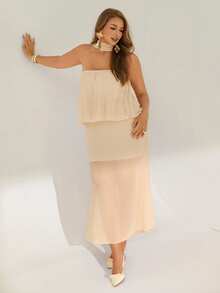 Auralis 大码优雅收腰鱼尾下摆无肩带连衣裙，夏季 - 杏色 - 查看 6