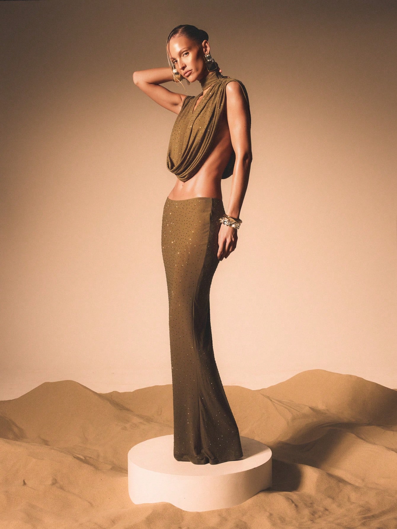 KIZN High Neck Olive Cowl Top With Studs