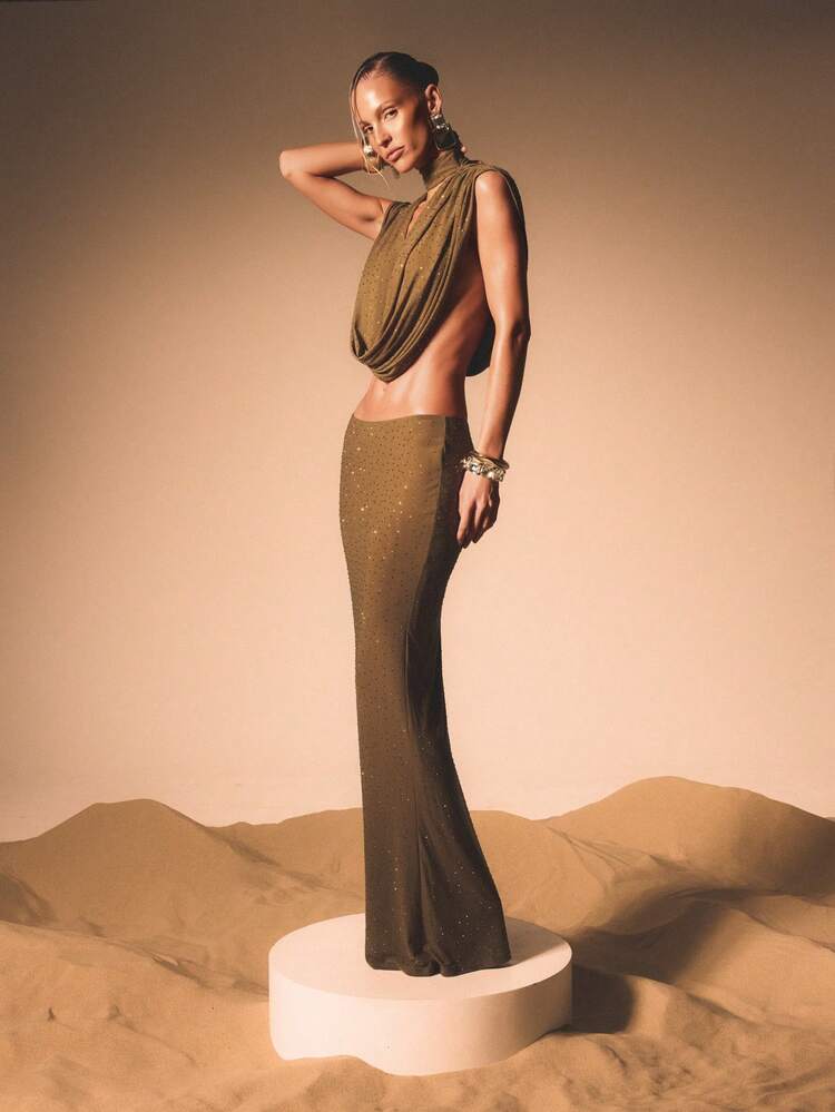 KIZN High Neck Olive Cowl Top With Studs