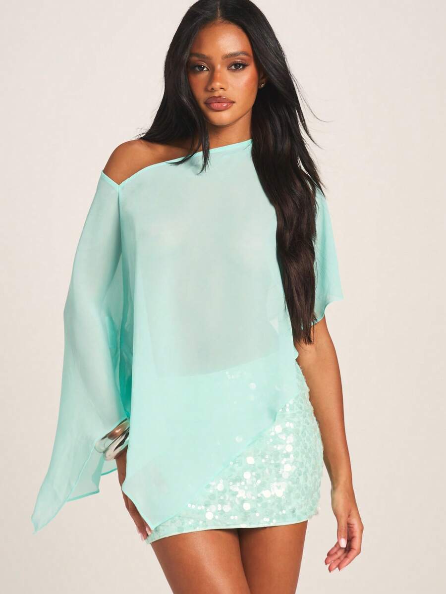 MISSGUIDED Áo choàng poncho nữ màu bạc hà bằng vải chiffon, kiểu trễ vai, phối sequin ở phần chân áo và lớp phủ bất đối xứng mềm mại. - Màu xanh lam - Xem 1