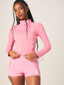 Missguided x Playboy 拉链式运动夹克，侧边饰有褶皱细节和兔子标志 - 粉色 - 查看 6