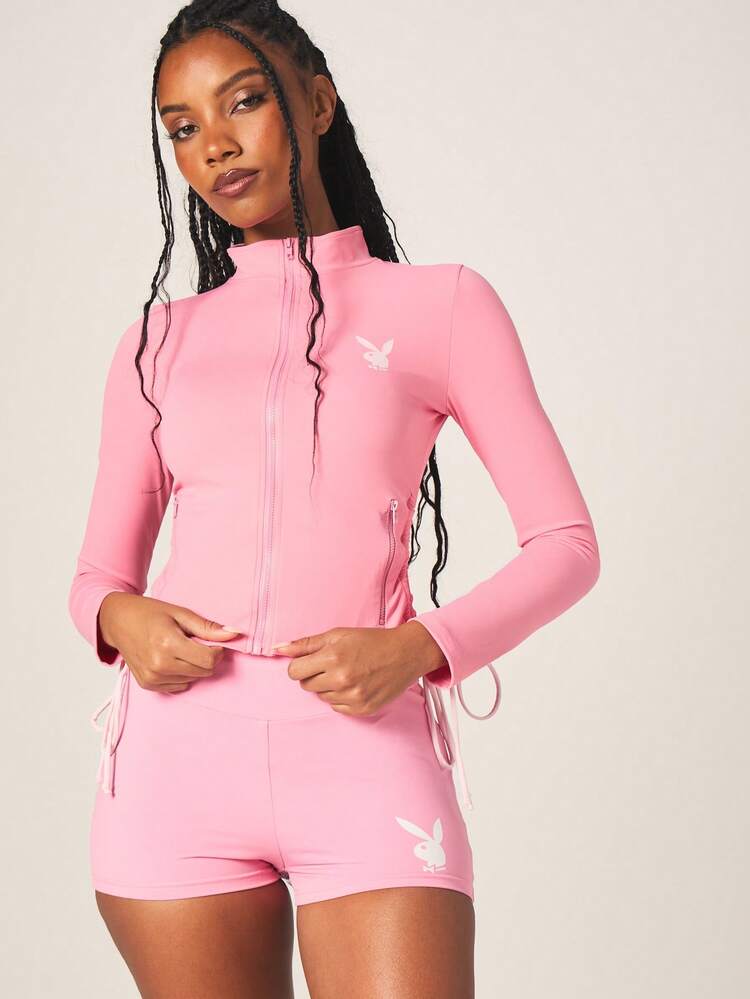 Missguided x Playboy Zip Up Active Jacket With Ruched Side Detail And Bunny Logo