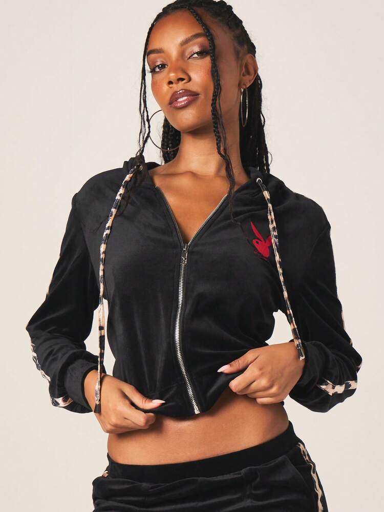 Missguided x Playboy Women's Velour Full Zip Hoodie With Drawstring And Leopard Print Side Stripes Casual Streetwear Cropped Jacket