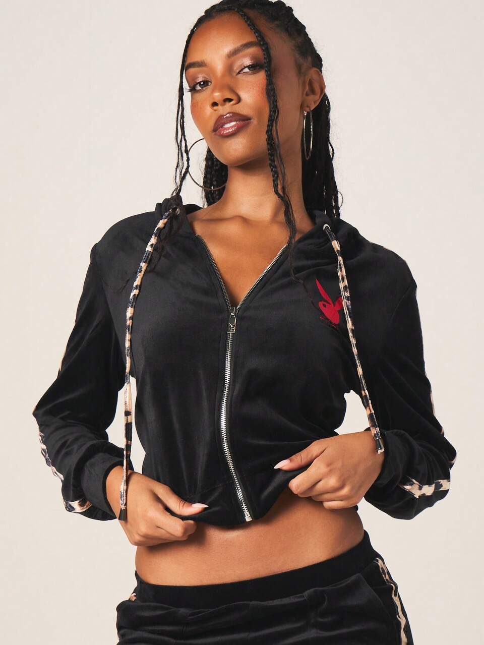 Missguided x Playboy Women's Velour Full Zip Hoodie With Drawstring And Leopard Print Side Stripes Casual Streetwear Cropped Jacket