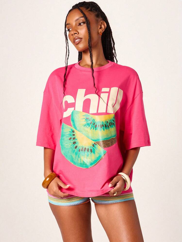 MISSGUIDED Women's Oversized Pink Short Sleeve Crew Neck Chill Kiwi Graphic Print T-Shirt Casual Summer Streetwear Tee