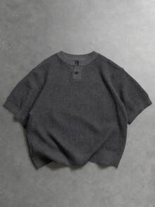 ROMWE MEN Essentials Camiseta de punto de manga corta de unicolor casual y para uso diario, verano - Gris Oscuro - Ver 2
