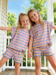 Emery Rose Kids Emery Rose Kids 2件套女童针织圆领条纹印花休闲T恤和短裤套装 - 紫色 - 查看 2