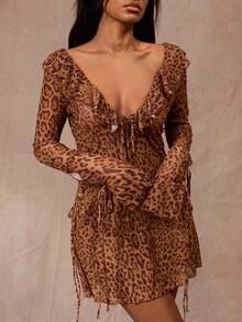 Opulessa Women's Vacation Leopard Print Ruffle Collar Front Tie Cover Up Dress - Multicolor - View 7