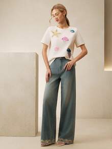 Anewsta Sequin Applique Bubble Sleeve White Crew Neck T-Shirt - White - View 7