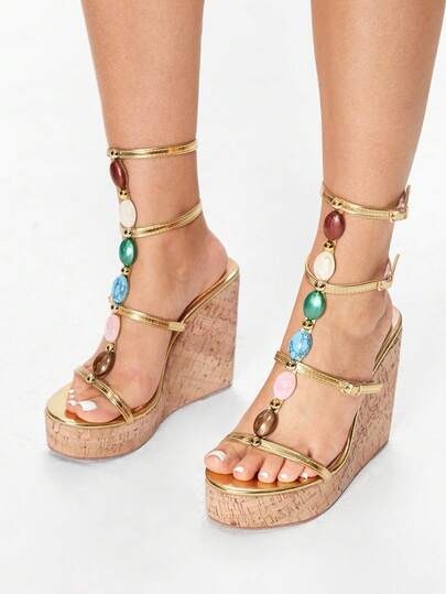 Glitzique Women's Color Button Decorative Super High Wedge Thick Platform Wedge Sandals