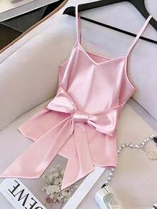 GlowEve Camiseta de mujer con diseño de lazo en la cintura, elegante para uso diario, vacaciones, salidas, fiestas, primavera/verano - Rosa - Ver 1