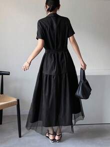 FRIFUL Women's Regular Collar Waist Cinched Mesh Patchwork A-Line Dress Sundress - Black - View 2