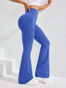 Slayform Slayform Seamless Solid Color Ribbed High Waist Sports Yoga Leggings - Blue - View 7