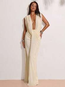 SHEIN BAE 女士休闲度假深V领长款连衣裙，适合婚礼季、派对、朋友聚会和约会。 - 奶油色 - 查看 6