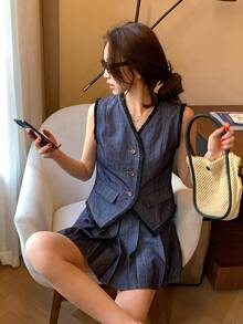 DAZY Bộ đồ thời trang nữ gồm áo vest và chân váy denim không tay, thêu tua rua, nhuộm tie-dye, có tua rua. - Màu xanh lam - Xem 8