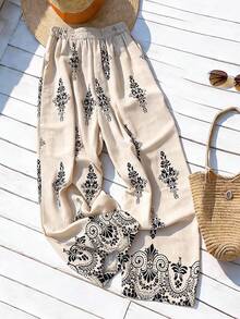 Franclia Women's Casual Vacation Printed Loose Pants, Positioned Printed Wide Leg Pants With Pockets, Elastic Waist, Beach Pants, Spring/Summer Printed Wide Leg Pants, Women's Vacation, Music Festival Pants, Gentle, Intellectual, Elegant, High-End, Elegant, Commuting, Daily, Summer, Party, Beach, Date, Graduation, Business Office, Urban Fashion Versatile Daily Pants - Multicolor - View 4