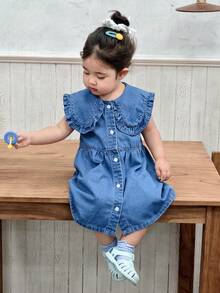 DAZY Infant/Toddler Girls' Korean Style Denim Dress With Peter Pan Collar - Light Wash - View 8