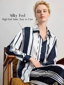 Ocili Conjunto de pijama de mujer de manga larga y pantalones holgados de satén sedoso con rayas degradadas - Azul y blanco - Ver 1