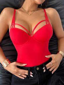 SuitURBody 一件玫红色聚拢定型罩杯透视性感镂空交叉连体衣，适合音乐节、派对、度假、Y2K夜店穿着，性感朋克异域风情。 - 紅色 - 查看 1