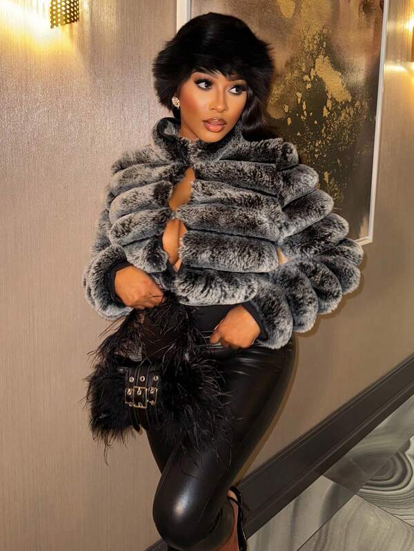 Chea Andrea Short Length Black & Faded Dual Color Embossed Fuzzy Jacket, Women Cold-Proof Coat