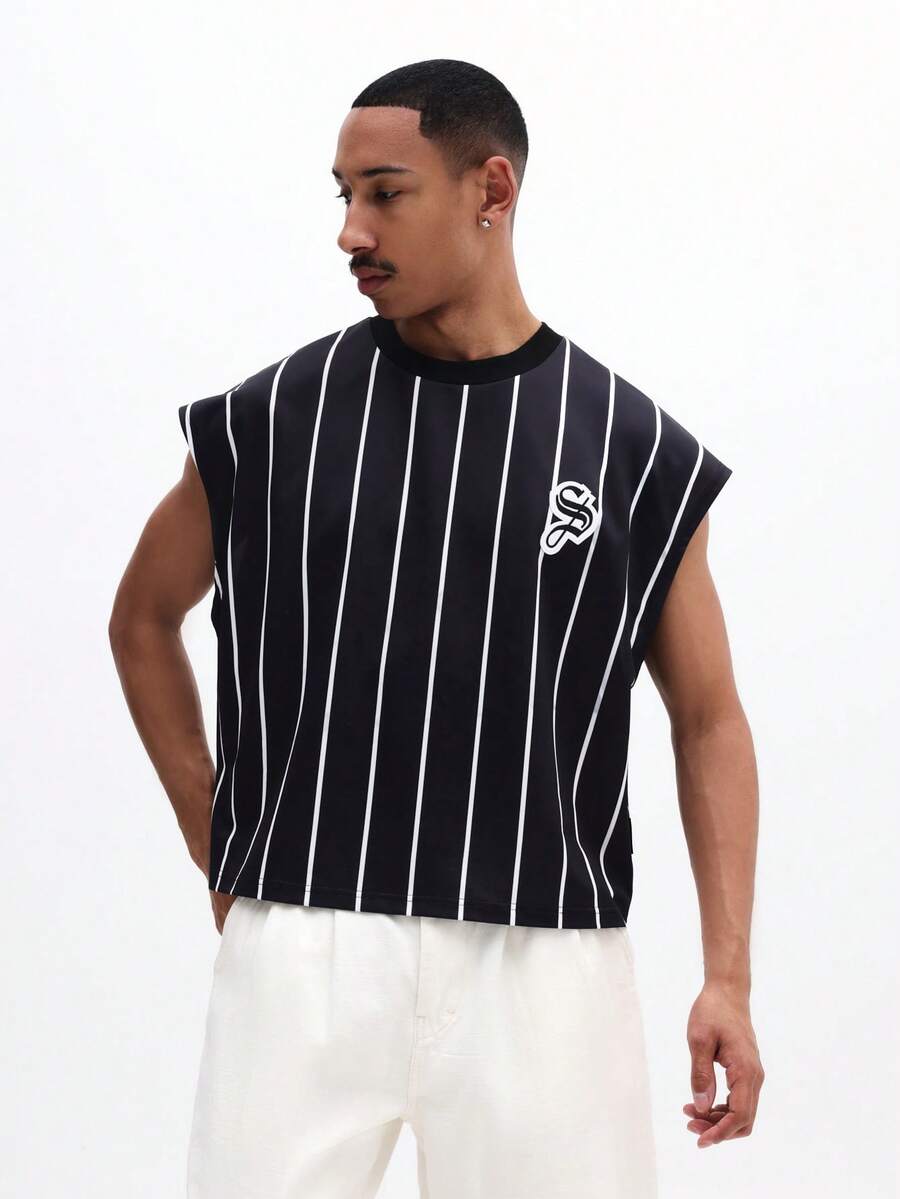 SUMWON Áo tank top nam không tay kẻ sọc trắng dọc trên nền đen, điểm nhấn logo. - màu đen - Xem 1
