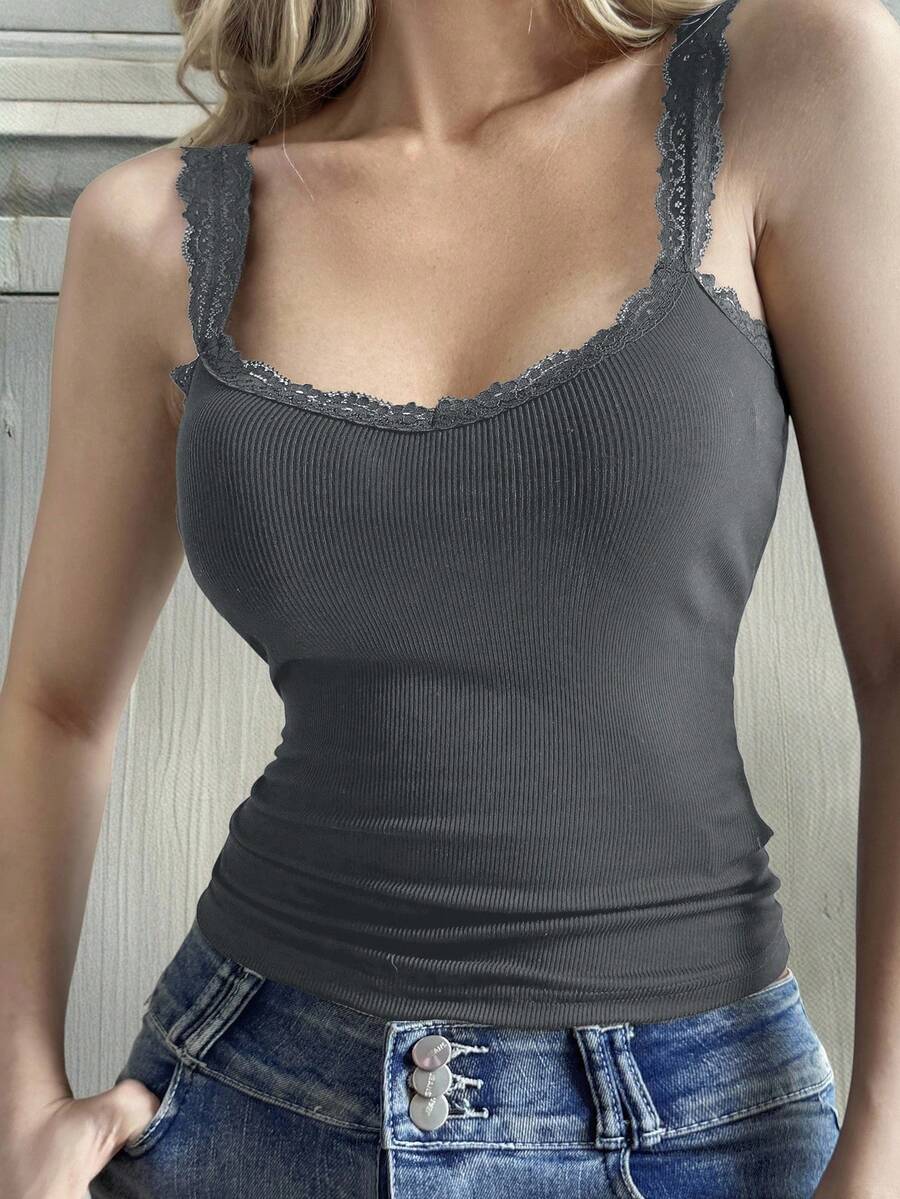 DAZY Women's Contrast Lace Camisole, New Arrival For Autumn - Dark Grey - View 1