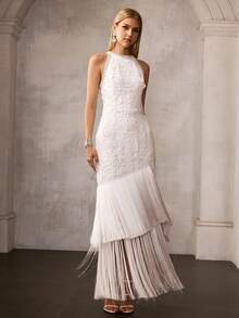 MOTF Soiréza ELEGANT HIGH-END BACKLESS CONTRAST LACE FRINGE HEM COCKTAIL DRESS, SPRING/SUMMER - White - View 5