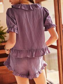 Retro Cotton Bohemian Style Comfortable Ruffle Trim Princess Sleeve Women Pajama Set - Red Violet - View 2