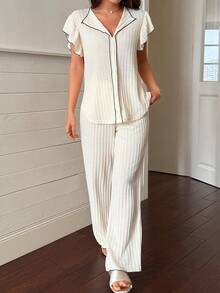 SHEIN Napfluff Women's Casual Textured Jacquard V-Neck Ruffle Trim Loungewear Set - Apricot - View 7