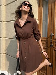 Solivie 女士新款豹纹衬衫领开襟短裙，适合日常通勤及多种场合 - 棕色 - 查看 4