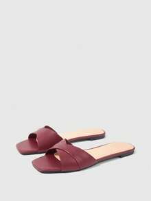 Sleekvia 女士夏季新款褶皱方头平底拖鞋，休闲舒适，百搭外穿 - 酒紅色 - 查看 10