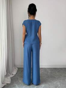 Elenzga 女士优雅通勤休闲蓝色褶皱可调节腰带蝴蝶结衬衫 + 女士优雅通勤休闲高腰口袋设计宽松阔腿裤 - 藍色 - 查看 2