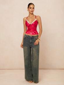 Lumalex 女士时尚度假性感印花亮片吊带背心 - 玫紅色 - 查看 8