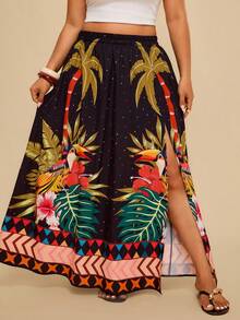 Travachic Gonna lunga casual con spacco alto e stampa tropicale, abiti lunghi da donna, gonne lunghe da donna, abbigliamento estivo da donna, abiti estivi da donna di taglia comoda - Multicolore - Visualizzare 4