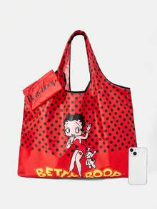Betty Boop x SHEIN Geantă tote de mare capacitate impermeabilă cu model de insignă de facultate la modă - Undă neagră pe fundal roșu - Vizualizare 5