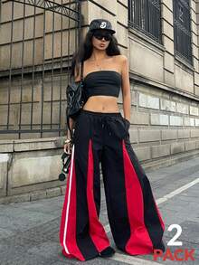 Coolane 女士春季音乐会服装 锐舞服装 复古街头风 Y2K 撞色抹胸上衣和阔腿运动裤两件套 - 黑色 - 查看 7