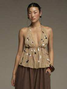 COSMINA 女士优雅深V领系带串珠上衣，适合春季、约会、情人节、新年、婚礼宾客、派对等场合。 - 卡其色 - 查看 1