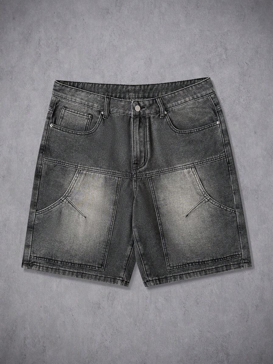 Manfinity Denimwave Men's Vintage Washed Gray Big Pocket Denim Shorts, Loose Fit Wide Leg Street Style, Summer - Grey - View 1