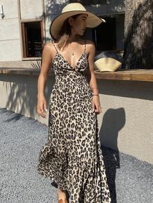 DAZY Women's Leopard Print Spaghetti Strap Mid-Length Dress, Korean Style, Spring/Summer - Coffee Brown - View 9