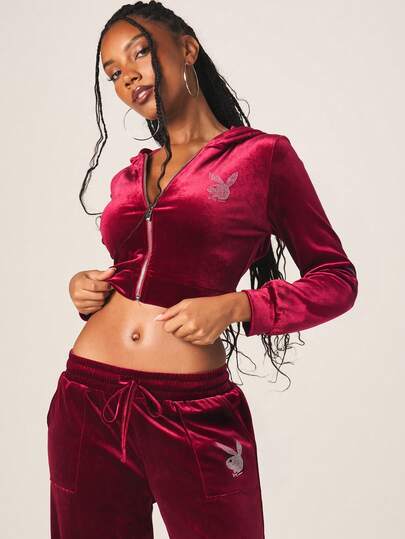 Missguided x Playboy Sudadera con capucha corta con cremallera, con strass y logo de conejo, de terciopelo burdeos, de manga larga, para otoño e invierno, de uso casual y urbano para mujer