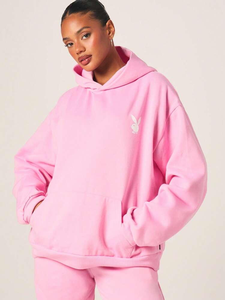 Missguided x Playboy レディース オーバーサイズ ピンクパーカー ドローストリング付き 大きなグラフィック バックプリント プルオーバースウェットシャツ カジュアル 秋冬 ストリートウェア
