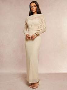 Silquee Elegant Romantic Solid Color Ruffle Collar Asymmetrical Pleated Waist Long Sleeve Dress - Apricot - View 5