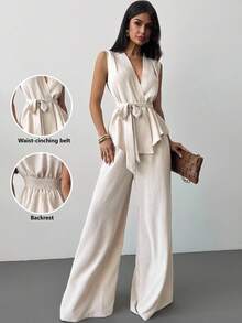 Firerie 女士休闲优雅时尚日常通勤宽松百搭V领无袖收腰直筒裤米色两件套，夏季 - 杏色 - 查看 9