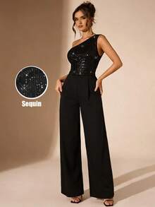 Eryvara 女士黑色亮片露肩修身长款连体裤，拉链设计，性感派对装扮，夜店装扮，春夏新款装扮，情人节约会装扮，生日装扮，泳池派对装扮，舞会装扮，演唱会装扮，商务通勤装扮，婚礼宾客优雅浪漫长款连体裤 - 黑色 - 查看 5