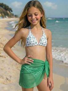 SHEIN Tween Girls' Minimalist Printed Swimwear Set - Green - View 6