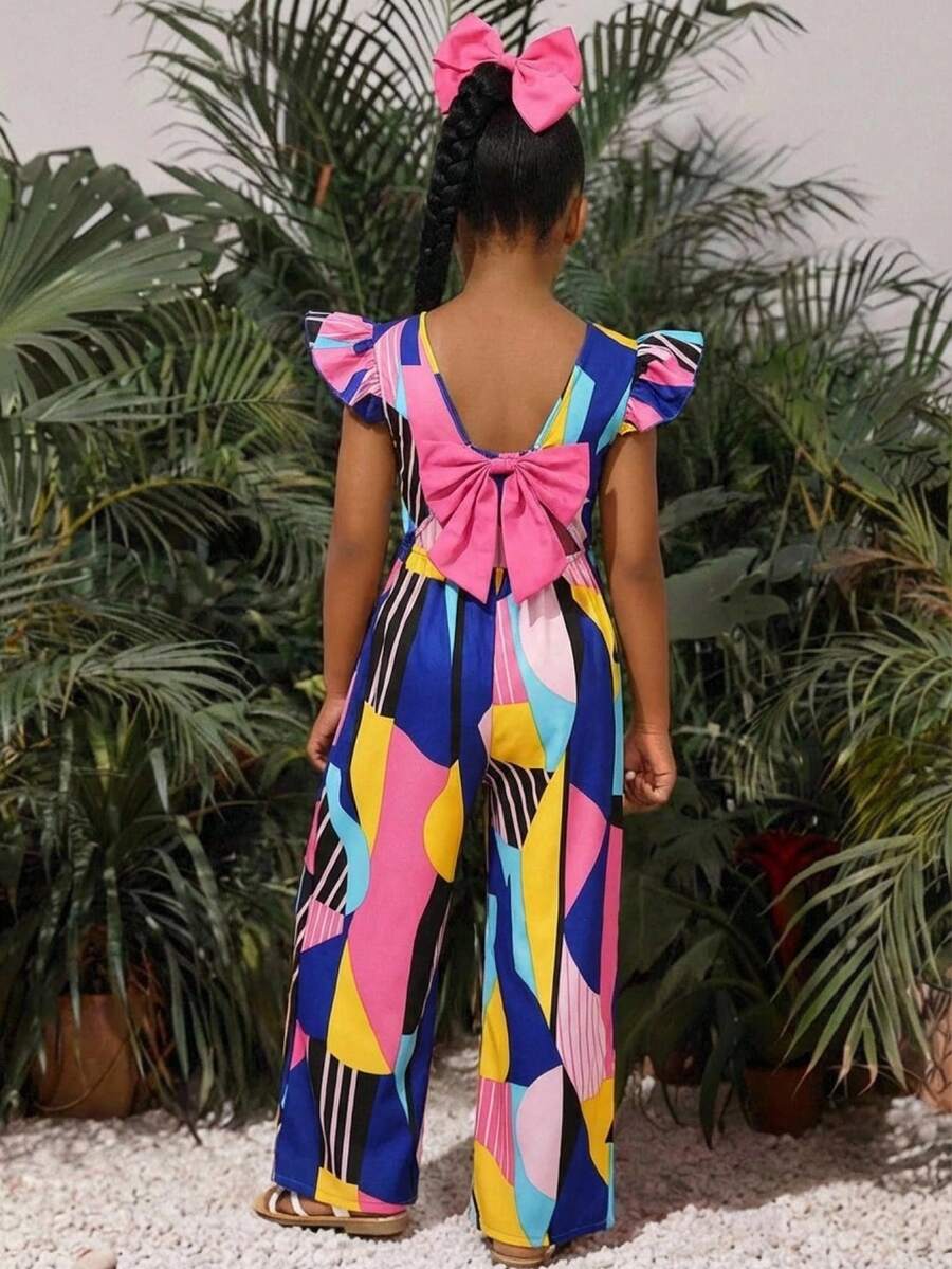 SHEIN Tween Girl Vacation Geometric Striped Print Cap Sleeve Backless Bow Jumpsuit - Multicolor - View 1