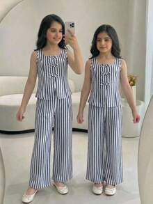 SHEIN 女童条纹背心上衣和蝴蝶结装饰裤套装 - 藍色 - 查看 3