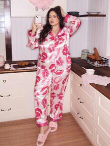 Slumberry CURVE Lip Print Colorblock Turndown Collar Long Sleeve Plus Size Pajama Set - Pink - View 4
