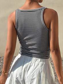 DAZY Top ajustado de tirantes con cuello cuadrado y estampado de rayas para mujer, ideal para el verano - Negro - Ver 3